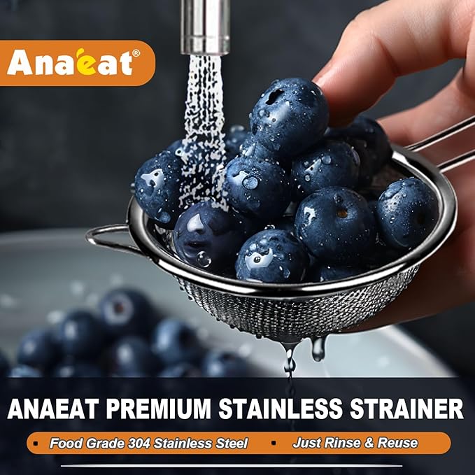 Anaeat Fine Mesh Strainers - Premium Stainless Steel Colander Sieve Sifters, with Durable Mesh and Sturdy Handle, Excellent for Sifting Dry ingredients, Flour, Pastas, Rice, Tea (3.15"+5.5"+7.87")