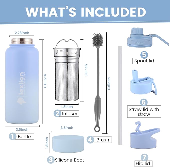 Lexlion 32 Oz Triple Walled Insulated Stainless Steel Fruit Infuser Bottle - Tea Infuser Water Bottle with 3 Lids, Silicone Sleeve, Leakproof, Metal Mug Gallon