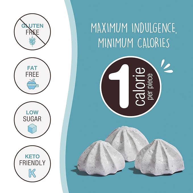 Don't Worry Low Calorie Meringue Cookies - 6 Pack - Cookies & Cream, Just 1 Calorie per Piece | Low Sugar Candy, Gluten Free, Protein Snacks | Keto Friendly and Healthy Snacks for Adults