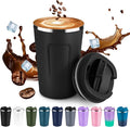 Volhoply 12 oz Double Wall Insulated Vacuum Travel Coffee Mug with Flip Lid,Reusable Stainless Steel Leak Proof Coffee Cup,Portable Iced Cafe Thermal Tumbler Suitable for Hot&Cold Drinks(Black,1 Set)