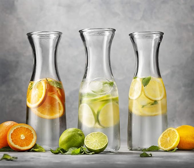 Kook Glass Carafe, Mimosa Bar Supplies, Carafe Pitchers with Lid, Glass Water Pitcher, Drink Dispensers for Parties, Tea, Wine, and Juice, Plastic Lids, Dishwasher Safe, 35 oz (set of 4)