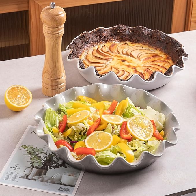 Sweejar Ceramic 11.5 Inches Pie Pan for Baking, Deep and Fluted Porcelain Round Pie Dish, Non-Stick Pie Plate for Pumpkin Pie, Apple Pie, Pie Pots with Morden Farmhouse Design(White)