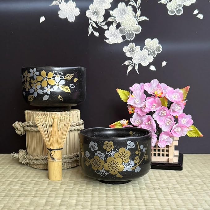 Japanese Traditional Mino Ware Handcrafted Mini Matcha Chawan Tea Bowl Cup Set With Chasen Bamboo Tea Whisk Ceremony Tableware Pottery (Tenmoku Sakura)