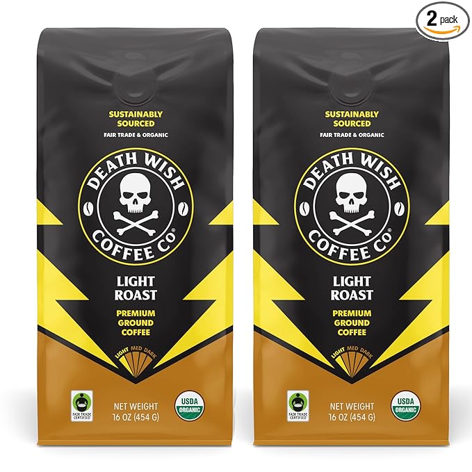 Death Wish Coffee, Ground Light Roast, Organic and Fair Trade, 1 Pound (Pack of 2)
