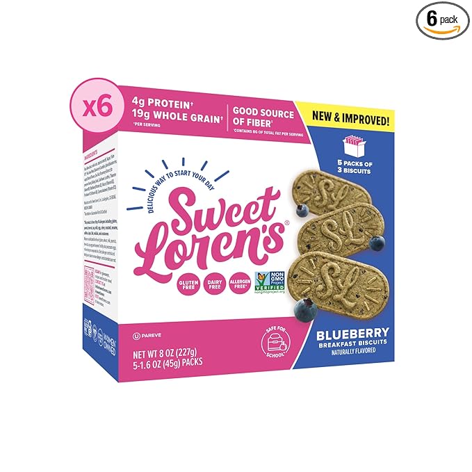 Sweet Loren's Vegan Breakfast Biscuits | Blueberry | 4g Protein, 19g Whole Grains | Plant Based, Gluten Free, Dairy Free, Nut Free Snacks | 6 Pack (30 Total Biscuits, 1.6 ounce each)