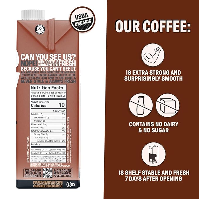 Wandering Bear Organic Cold Brew Coffee, Variety Pack, 32 fl oz (3pk - Black, Mocha, Vanilla) - Extra Strong, Bold, Smooth, Unsweetened, Shelf-Stable, Ready to Drink, Iced Cold Brewed Coffee Drinks