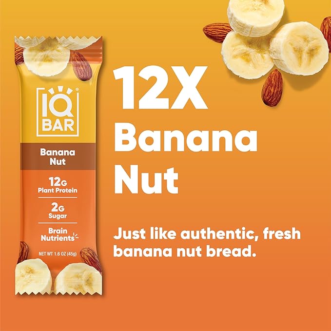IQBAR Brain and Body Plant Protein Bars Banana Nut 12 Count - Keto, Vegan, Low Carb, High Fiber, Gluten Free, Dairy Free, Low Sugar Snack