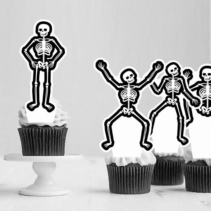 Dancing Skeleton Halloween Cupcake Toppers 48PCS Black Skull Party Cake Decorations Skeleton Cupcake Picks Halloween Birthday Party Decorations for Horror Theme Party Baby Shower Supplies