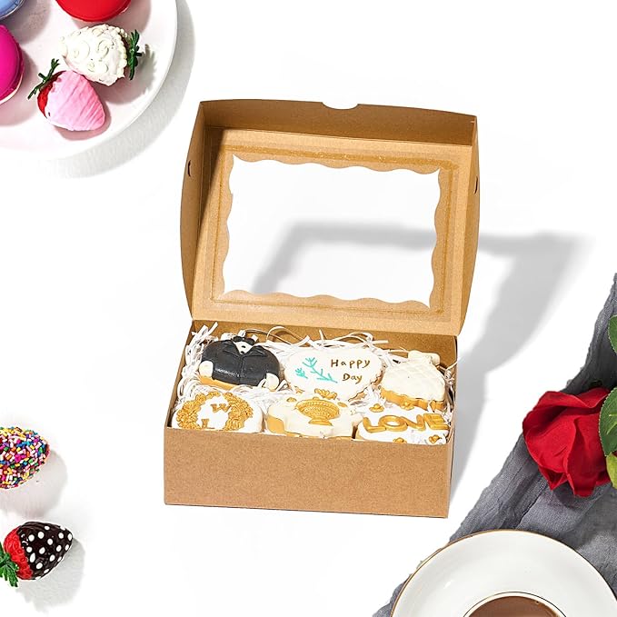 8x6x2.5 Inch 25PCS Baking Boxes with Window for Pastry,Muffins,Treat,Macaron,Dount,Cookies,Chocolate Covered Strawberries,Brown Bakery Boxes Strawberry Box