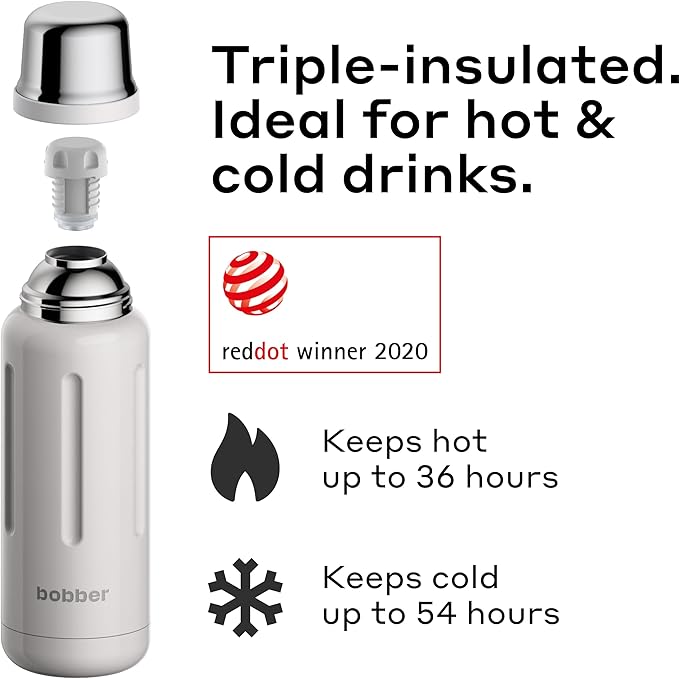 BOBBER 26 oz Stainless Steel Thermos for Hot Water with Cup – BPA-Free, Dishwasher Safe Coffee Thermos Flask – Keeps Hot for 36 Hours – Vacuum Insulated Hot Water Flask for Men, Tea (Sand Grey)