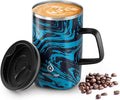 Ideus Vacuum Insulated Coffee Mug, 16oz Reusable Stainless Steel Thermal Double Walled cup with Handle and Slider Lid for Hot & Cold Beverages, BPA Free (Blue Zebra)