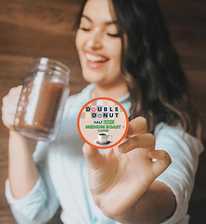Double Donut Coffee Half Caff Coffee Pods, Single Serve Half Caffeine Coffee Pods For Keurig K Cup Brewers, Medium Roast, 20 Count