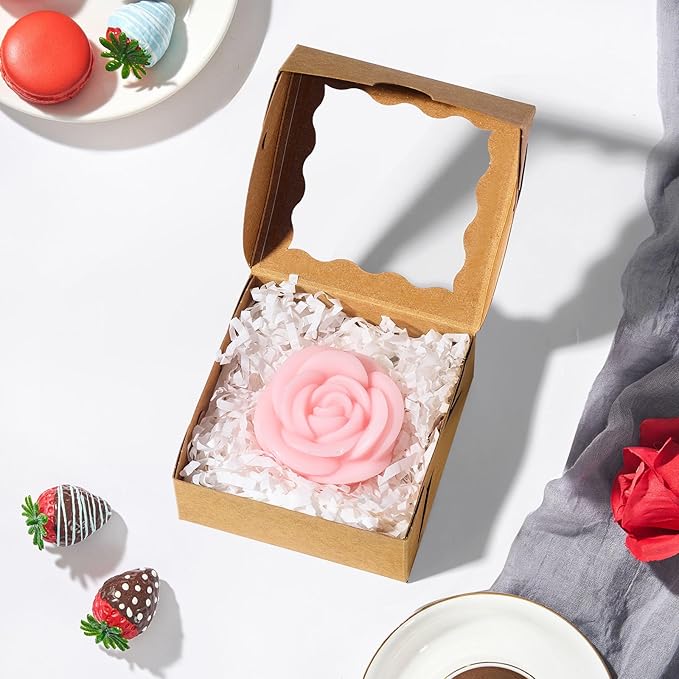 3.2x3.2x1.5 Inches 100PCS Chocolate Truffle Boxes Mini Bakery Boxes with Window for Cookies,Soap,Donut, Macaron,Brownie(Brown)