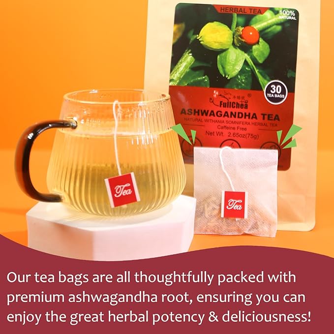 FullChea - Ashwagandha Tea, 2.5g X 30 Count - Sourced from India - Premium Natural Dried Cut & Sifted Root - Non-GMO - Caffeine-free - Rich in Antioxidants & Boost Energy