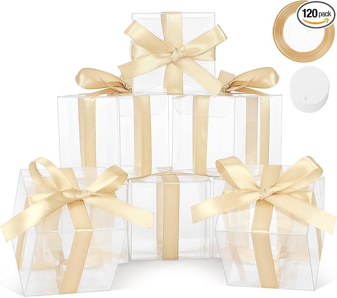 COTOPHER 120 Pcs Clear Favor Boxes, 2x2x2 Clear Gift Boxes Party Favor Boxes Mini Transparent Cube Macaron Boxes Candy Boxes for Wedding Favors Baby Shower
