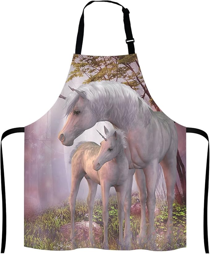 Fantasy Unicorn Adjustable Bib Apron,Unicorns Mare and Foal Cooking Kitchen Apron for Men Women