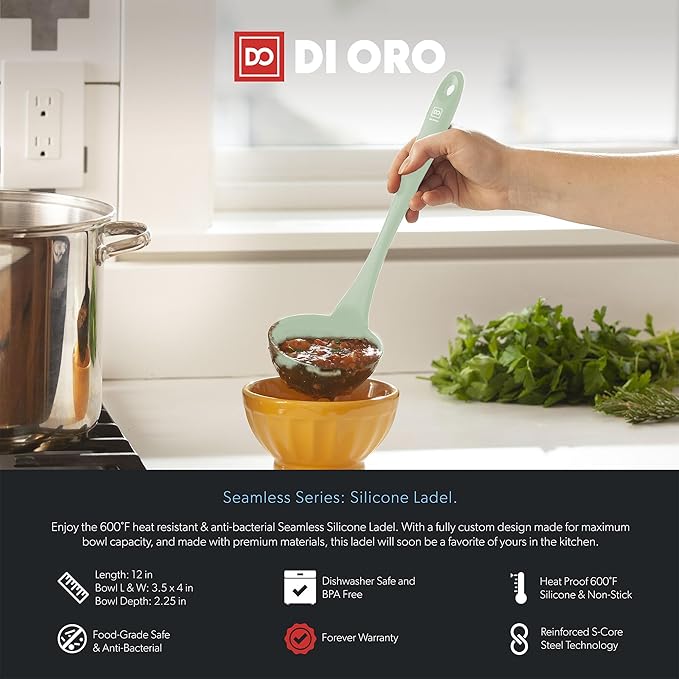 DI ORO Silicone Ladle – Soup Ladle for Cooking & Serving Heat-Resistant - Large Kitchen Soup Ladle Nonstick Cookware Safe - Soup Serving Spoon with Wide Bowl - Silicone Utensil Dishwasher Safe (Sage)