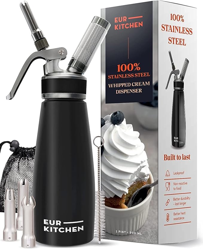 EurKitchen Stainless Steel Professional Whipped Cream Dispenser - Leak-Free Whip Cream Maker Canister - 3 Decorating Nozzles & Cleaning Brush - 1Pint /500 ML Cream Whipper - N2O Charger (Not Included)