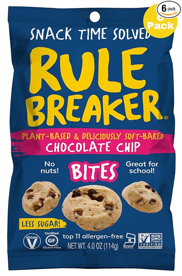 Rule Breaker Vegan & Gluten-Free Cookies | Chocolate Chip Bites | Plant-Based, Dairy, Nut, Soy, Allergen Free, Kosher | Great For School, Office, Pantry | Soft-Baked School Snacks for Kids and Adults (Pack of 6)