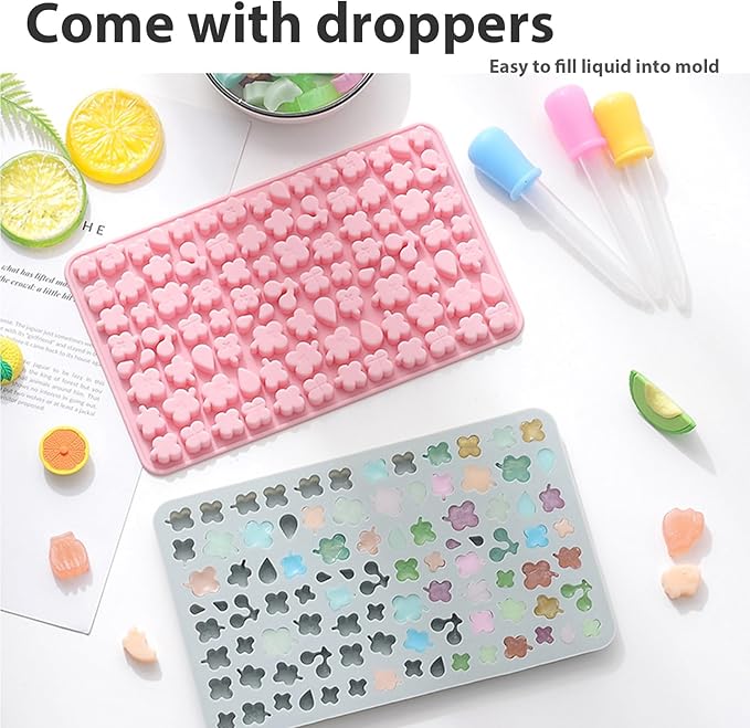 Animals & Flowers Silicone Candy molds, Non-Stick Gummy Bear Chocolate Gelatin Tray with 2 Droppers Creates 260 Alpaca, Clover, Animals, Rainbow & Cloud, Pack of 4