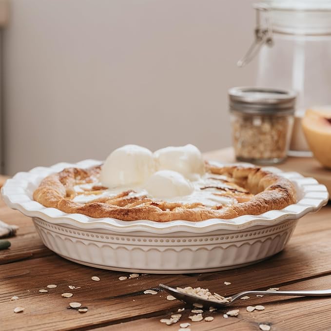 Ceramic Pie Pan for Baking, 9 inch Pie Pans Set of 2, Round Pie Dish for Dessert Kitchen, Farmhouse Vintage Color Pie Plate, Oven & Dishwasher Safe, Off-White