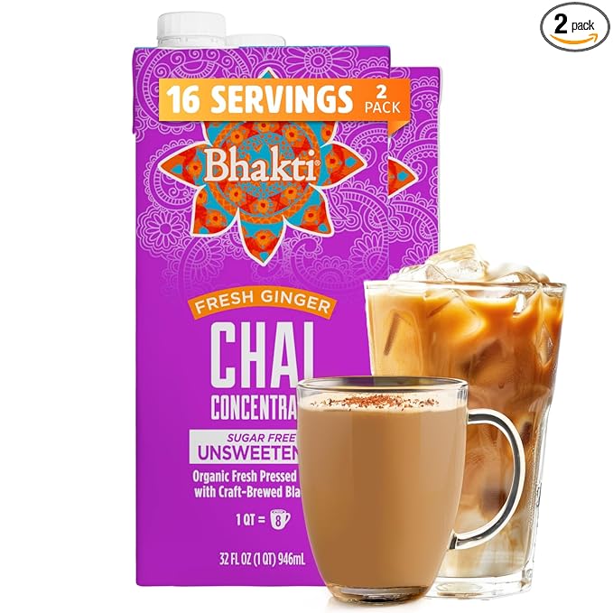 Bhakti Chai Tea Concentrate | Sugar-Free, Organic Fresh Ginger, Black Tea, Spiced, Dairy-Free, Vegan (Pack of 2)