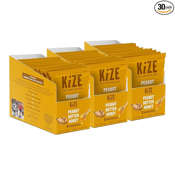 KiZE Energy Bars - Peanut Butter Honey - 30-Count - Gluten Free, Dairy Free, Non-GMO, and High Protein Meal Replacement Energy Bars, Clean and Simple Food Ingredients - 7g High Protein Snacks (30 Count)