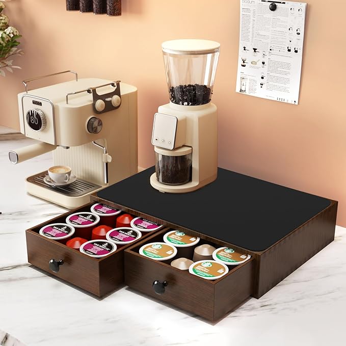 K Cup Holder, Wooden K Cup Organizer Box for Counter, Tea and Coffee Pod Storage Drawer Coffee Maker Stand, 30 Pod Capacity, Walnut Black