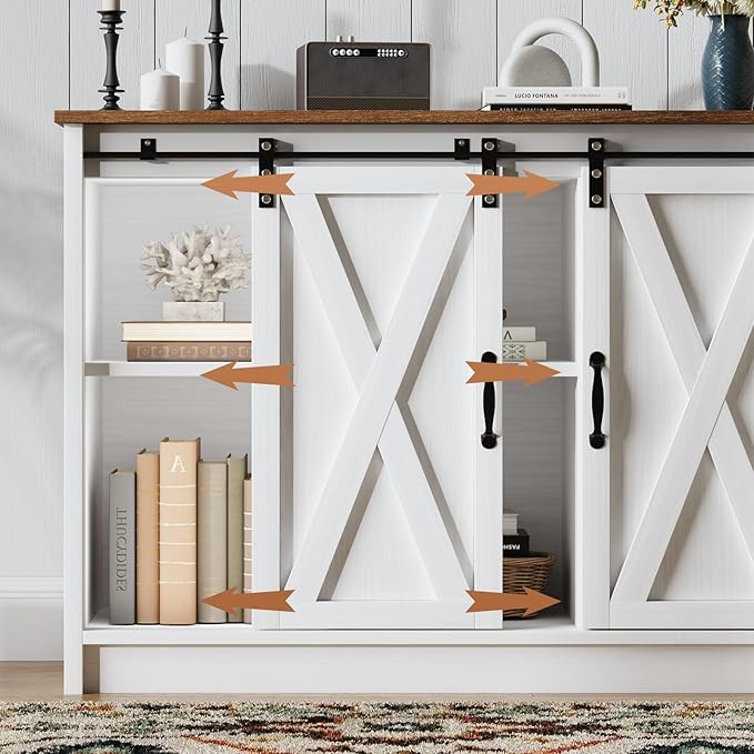 4 EVER WINNER Coffee Bar Cabinet with Sliding Barn Doors, 42”Farmhouse Buffet Cabinet with Storage for Kitchen, Coffee Bar with Adjustable Shelf for Dining Room, White