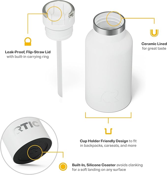 RTIC Little Journey Bottle with Straw, Insulated, Stainless Steel, Metal, Double Wall Vacuum-Insulation, Ceramic-Lined, Leak-Proof Lid, BPA-Free Water Flask for Sports, Travel, Navy Sharks