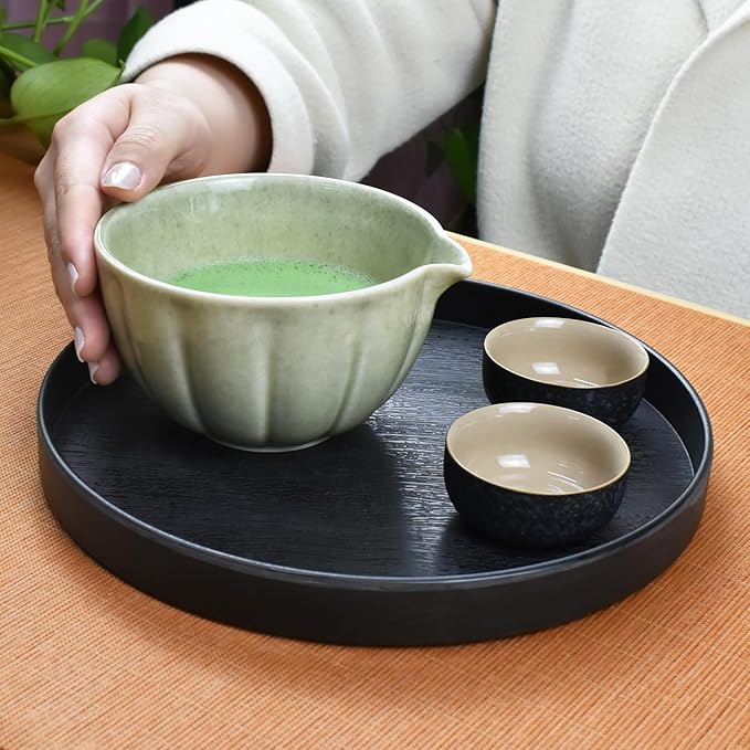 Artcome 7 Pcs Japanese Matcha Tea Set - Matcha Bowl with Pouring Spout, Matcha Whisk, Tea Scoop, Whisk Holder, Handmade Matcha Ceremony Kit For Japanese Tea Ceremony, Mottled Green