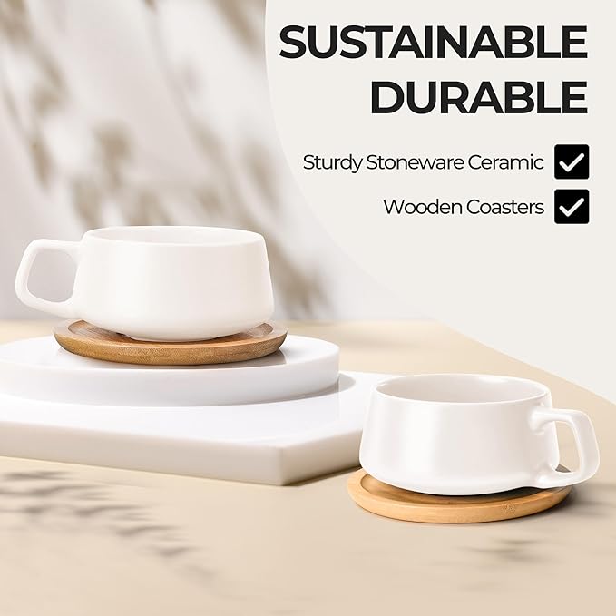MIAMIO – 11 Oz., Set of 4 Ceramic Tea Cup and Saucer Bamboo/Tea Mug - Wide Cappuccino Cup, Coffee Cups Ceramic Mug for Cappuccino, Latte, Espresso & Americano - Luxe Collection (White)