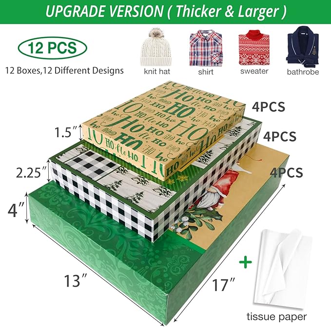 Party Funny 12 Christmas Gift Wrap Boxes for Wrapping Extra Large Clothes, 12 tissue paper and 80 Christmas Stickers(Assorted size for Shirts, Robes, Coats, Sweaters and xmas Holiday Present)