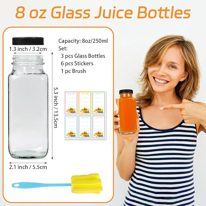 3 Pack 8oz Glass Juice Bottles with Lids, 250ml Reusable Glass Juicing Bottles, Square Drinking Jars Drink Containers with Caps for Water, Milk, Ginger, Kombucha, Beverages