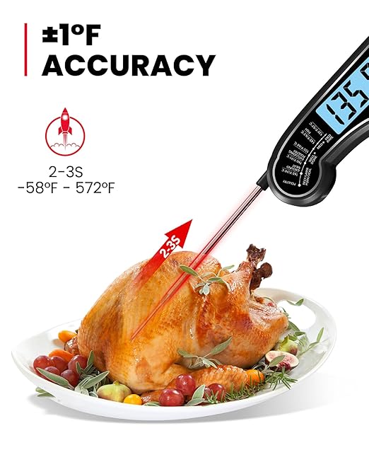 TEMOLA Meat Thermometer, Instant Read Food Thermometer with LCD Backlight Calibration, Waterproof Ultra Fast Digital Cooking Thermometer for Candy Deep Fry Liquids Beef Kitchen Baking Smoker Grill BBQ