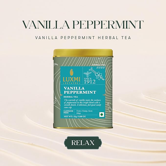 Luxmi Estates - Organic Peppermint Tea with Natural Vanilla Extract - Loose Leaf - 25g (12 Cups) Tea Bags, Limited Fall Tea With the Natural Sweetness of Vanilla, Perppermint Aids Digestion