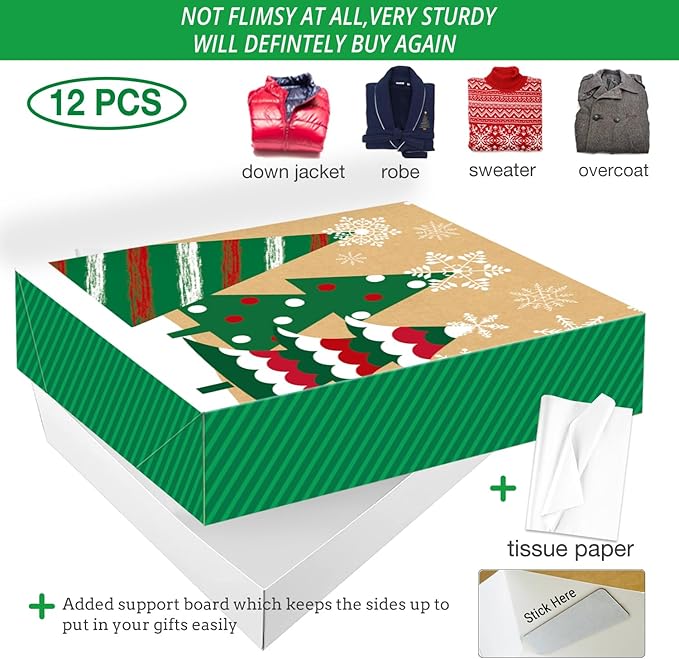 12 Extra Large Christmas Gift Wrap Boxes Bulk with Lids, 12 Tissue paper and 80 Foil Christmas Stickers for Wrapping Oversized Clothes (Robes, Sweater, Coat, Shirts) and Xmas Holiday Present