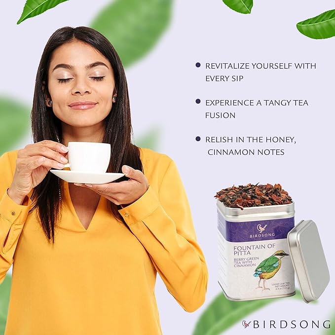 Birdsong Fountain of Pitta: Organic Green Tea Loose Leaf with Berries, Rooibos, and Cinnamon | Light, Refreshing and 100% Natural Tea with Health Benefits | Loose Leaf Hot, Cold Tea