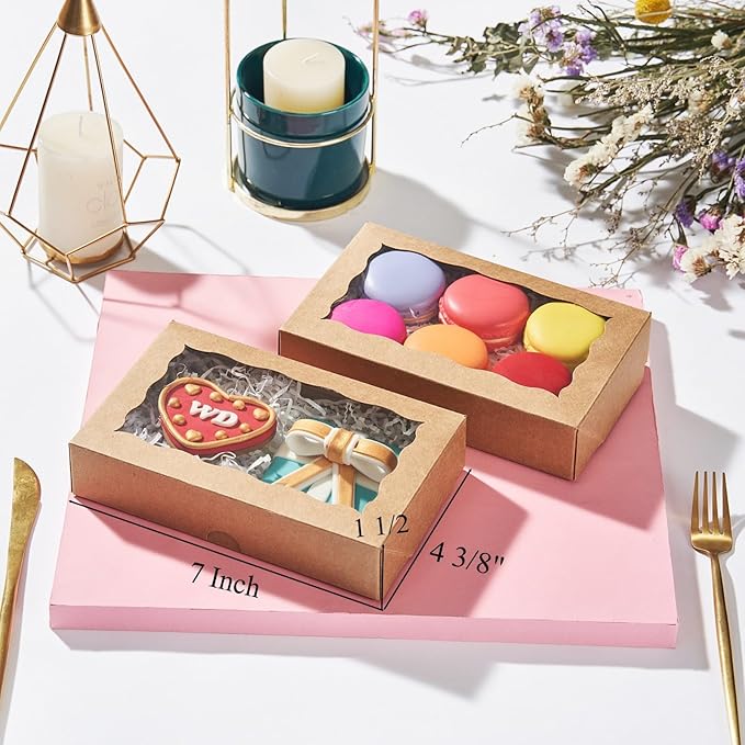 100pcs 7x4.33x1.5 Inch Brown Bakery Boxes with Window Cookies Boxes Chocolate Truffle Boxes Macaron Boxes Cakesickle Boxes Browines Treat Boxes for Christmas Valentine's Easter Mother's Day