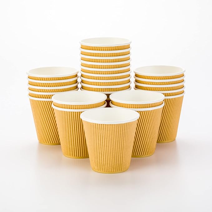 Restaurantware 8 Ounce Double Wall Disposable Coffee Cups, 25 Insulated Kraft Paper Tumblers Ripple Wall Design, Lids Available and Sold Separately, for Hot Drinks like Tea, Hot Chocolate
