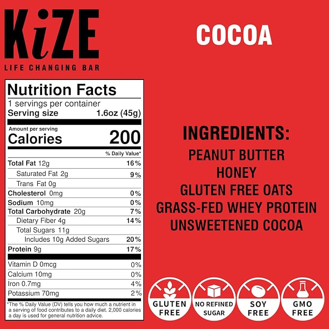 KiZE Energy Bars - Cocoa - Gluten Free, Non-GMO, and High Protein Meal Replacement Energy Bars, Clean and Simple Food Ingredients - 10g High Protein Snacks, (10 Count)