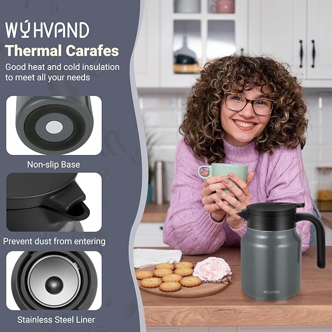 34Oz Thermal Coffee Carafe for Hot/Cold, Stainless Steel Thermos Carafes for Hot Liquids, Dustproof Insulated Hot Water Carafe for Party/Home,Charcoal