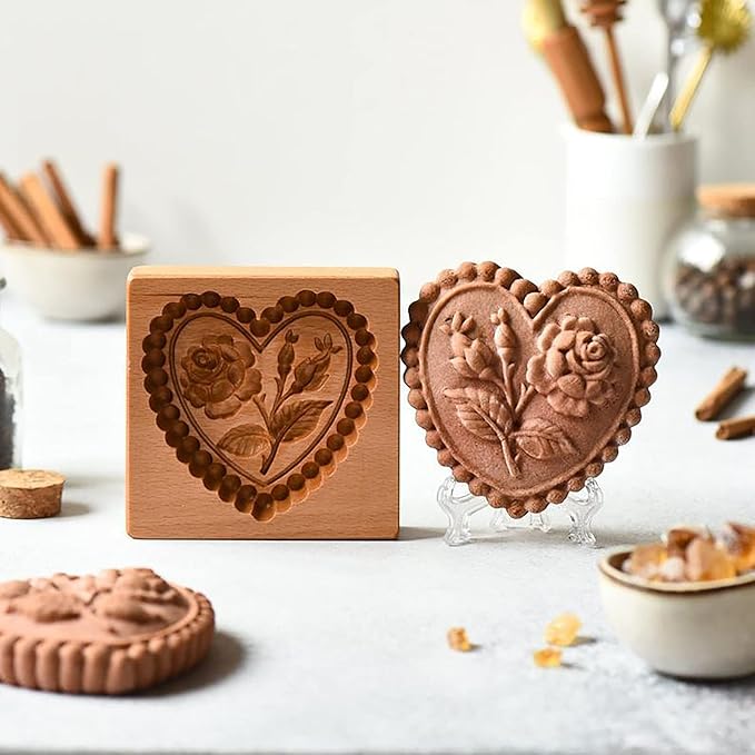 Wooden Cookie Biscuit Mold, 3D Baking Mold, Embossing Craft Decorating Baking Tool, Suitable for Halloween Thanksgiving Christmas Kitchen DIY (Love C 10 * 10 * 2)