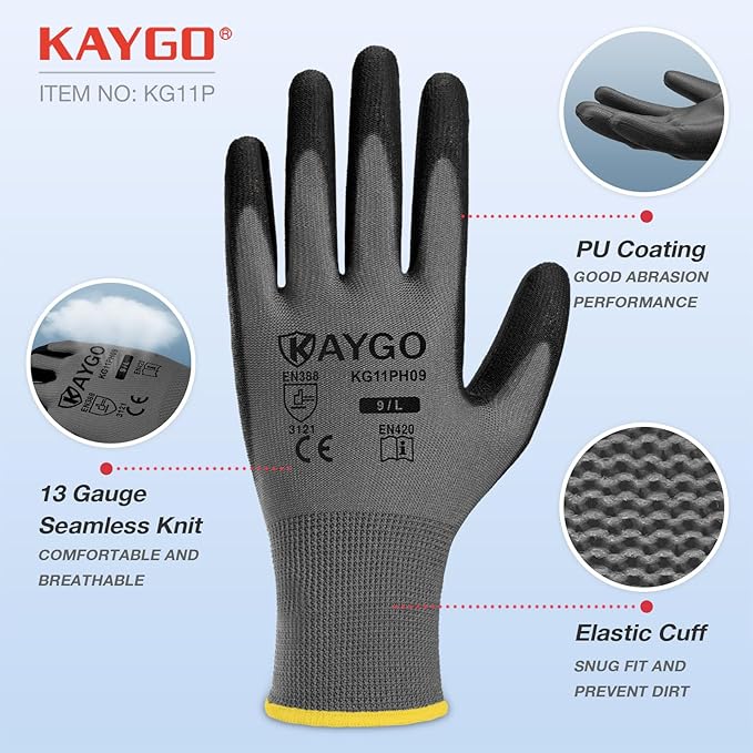 KAYGO Safety Work Gloves PU Coated, 60 Pairs KG11PB, Seamless Knit Glove with Polyurethane Coated Smooth Grip on Palm & Fingers, for Men and Women (Medium, Gray)