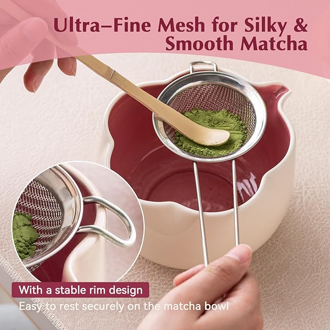 Matcha Whisk Set, 8Pcs Floral Ceramic Matcha Set with Matcha Whisk, Holder, Scoop, Scoop Rest, Sifter, Spoon and Tea Towel - Thoughtful Matcha Whisk Gift for Matcha Lovers (Beige & Pink)