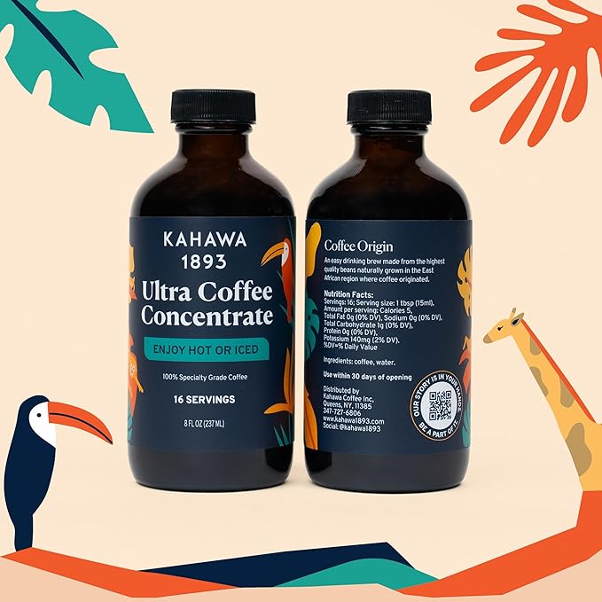 Kahawa 1893 Ultra Coffee Concentrate (16 Servings) - Instant Hot, Cold or Iced Coffee, As Seen on Shark Tank, High Antioxidants, Naturally Sweet, Organically Grown, Cultivated & Ethically Sourced