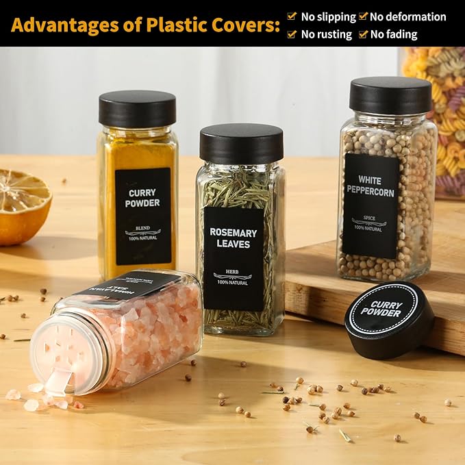 36Pcs Spice Jars Containers with Labels，4oz Black Seasoning Bottles with Shaker Lids for Rack, Cabinet, Drawer,Empty Square Condiment Pots (36, Black)