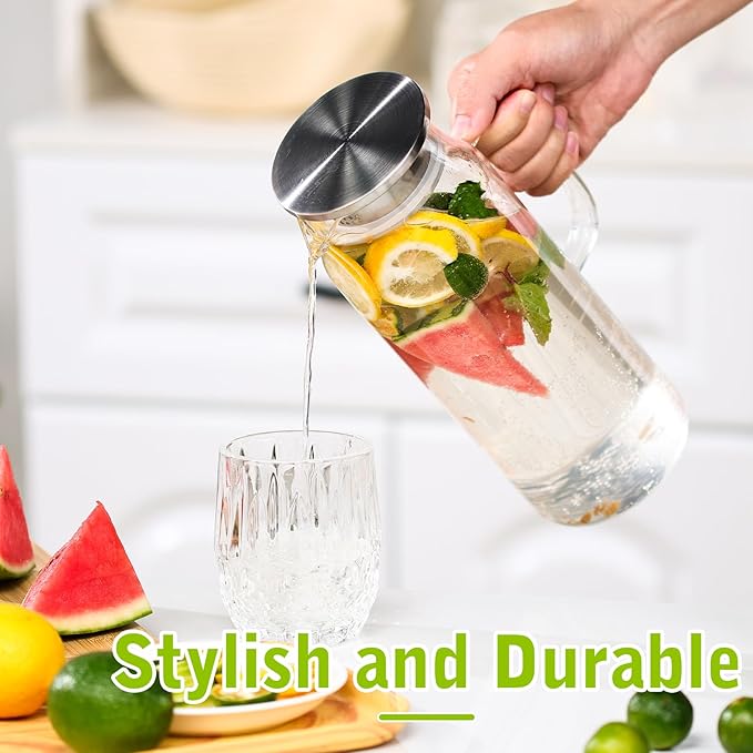 2 Pack 2L/68 oz Glass Pitcher with Lid and Handle,Square Water Pitchers for Fridge, Leak-Proof Spout,Large Ice Tea Jug for Hot/Cold Drinks, Ideal for Cold Brew, Juice, Iced Tea