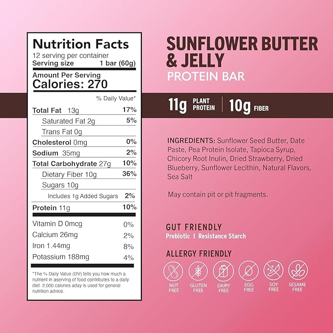 Amrita Nut Free Sunflower Butter & Jelly Vegan Protein Bars ( 12 CT PK of 3 ) | 11g Plant-Based Protein Bar | Peanut Free, Gluten Free, and Dairy Free | Low Sugar, High Fiber, Healthy School-Safe Snacks