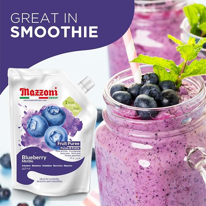 Mazzoni Blueberry Puree, 100% Pure Blueberries, Just Fruit, No Sugar Added, 2.2 lbs (35.2 oz) RMixer for Cocktails, Drinks, Smoothies. Convenient Pouch, Made in Italy (Pack of 2)